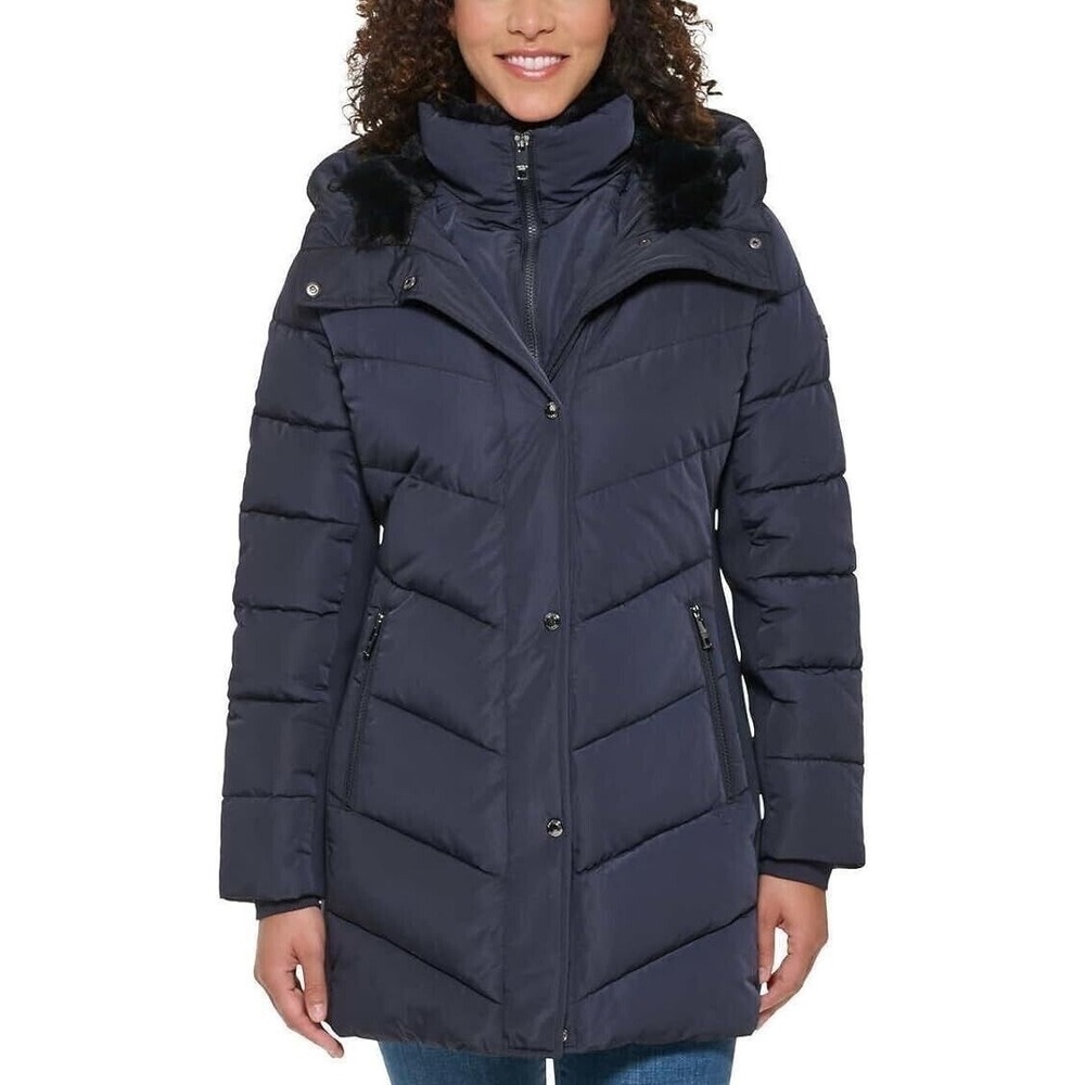 Andrew Marc Women's Hooded Puffer Parka Jacket Navy Mixed Media Size M Medium